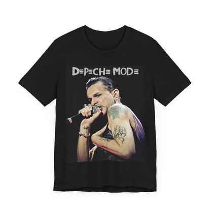 A black graphic t-shirt featuring a graphic of Dave Gahan from Depeche Mode, emphasizing his dynamic stage presence.