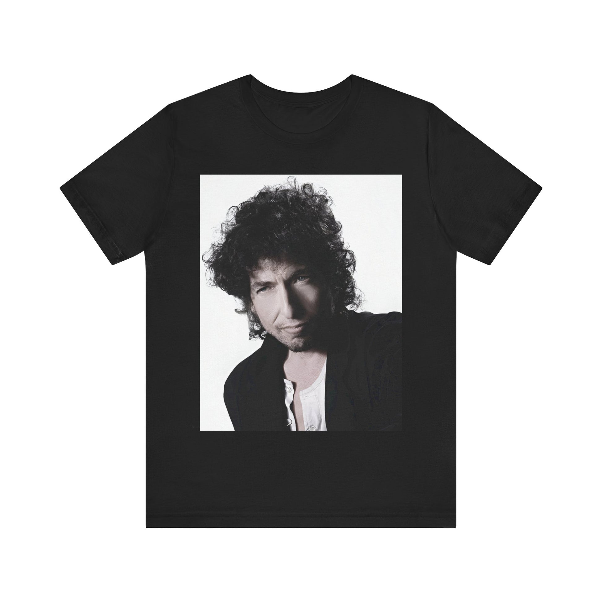A black graphic t-shirt featuring a timeless folk rock graphic of Bob Dylan, possibly with his guitar or harmonica.