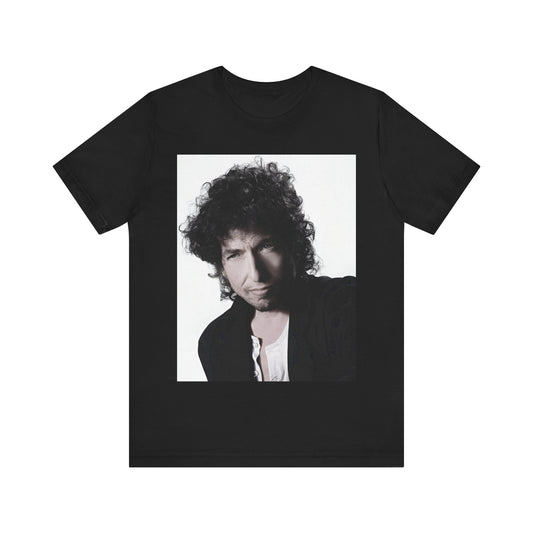 A black graphic t-shirt featuring a timeless folk rock graphic of Bob Dylan, possibly with his guitar or harmonica.