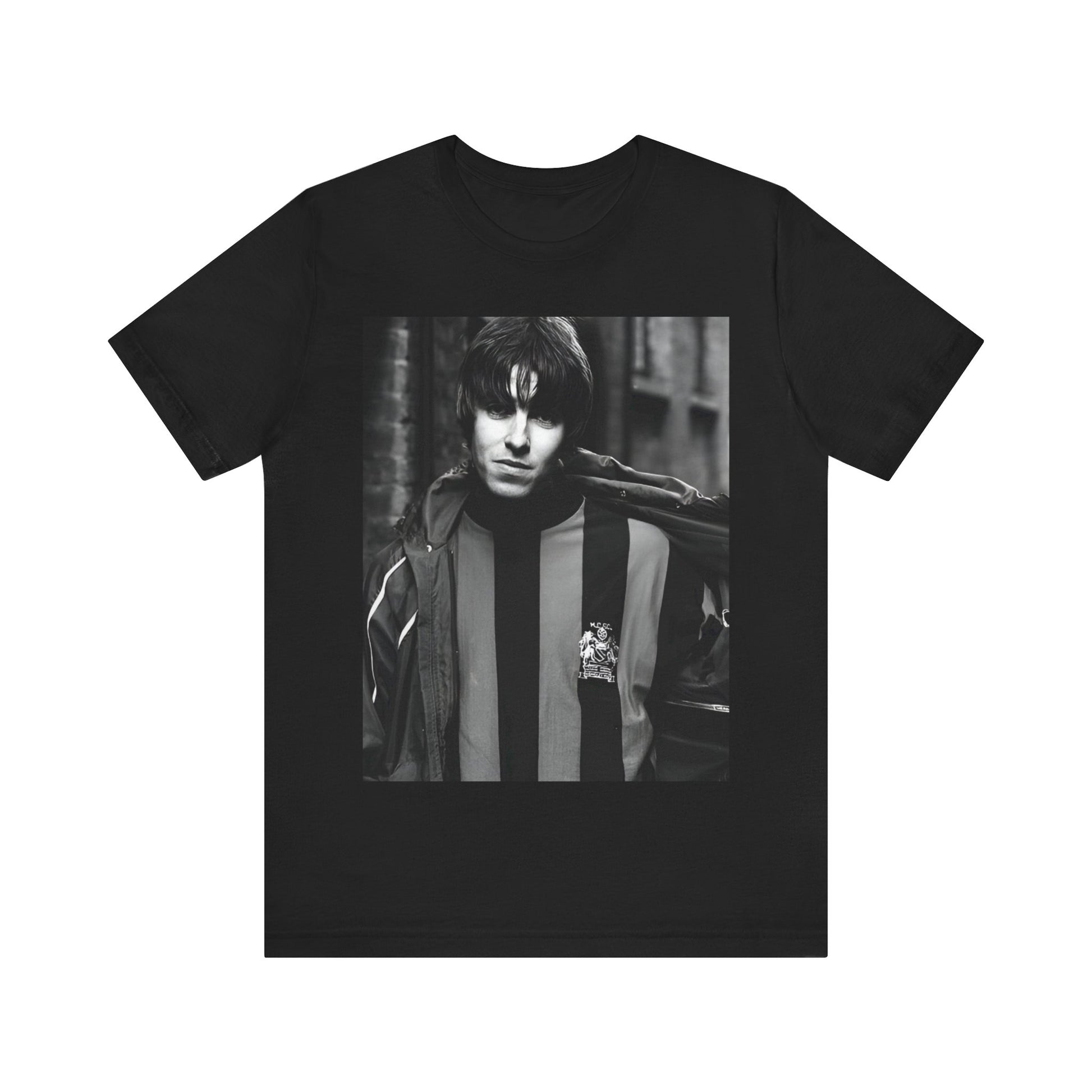 A black graphic t-shirt featuring a photo of Liam Gallagher from Oasis, showing his support for Manchester City.