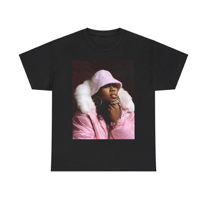 A black graphic t-shirt featuring a graphic of Missy Elliott as an underground hip hop queen.