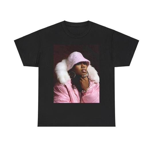 A black graphic t-shirt featuring a graphic of Missy Elliott as an underground hip hop queen.