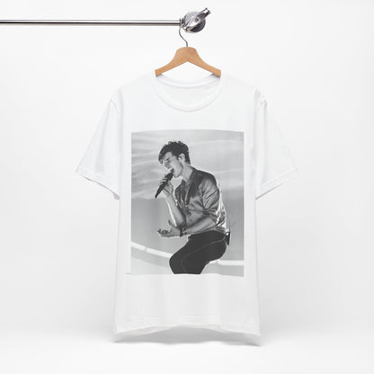 A black graphic t-shirt featuring a black and white graphic or photo of Shawn Mendes as a dreamy pop star.
