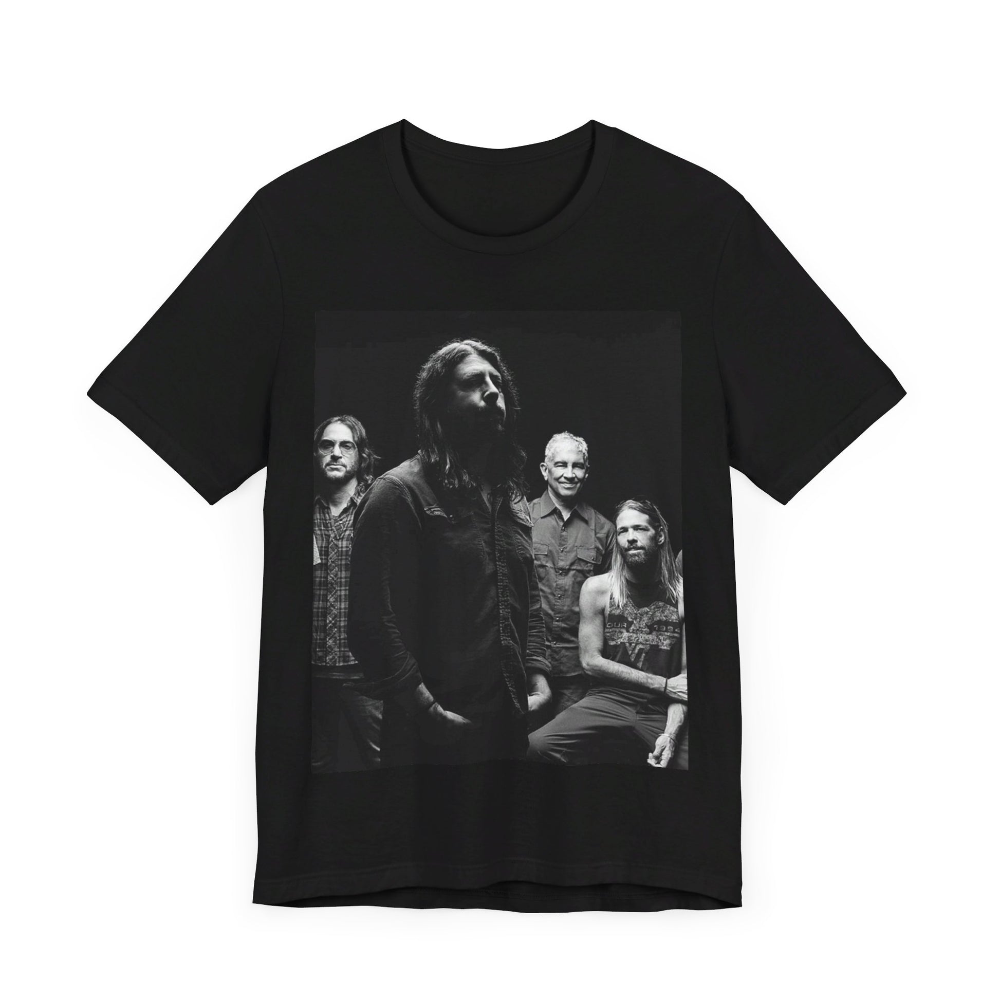 A black graphic t-shirt featuring a black and white, monochrome graphic or photo of Foo Fighters.