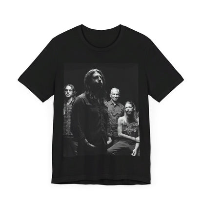 A black graphic t-shirt featuring a black and white, monochrome graphic or photo of Foo Fighters.