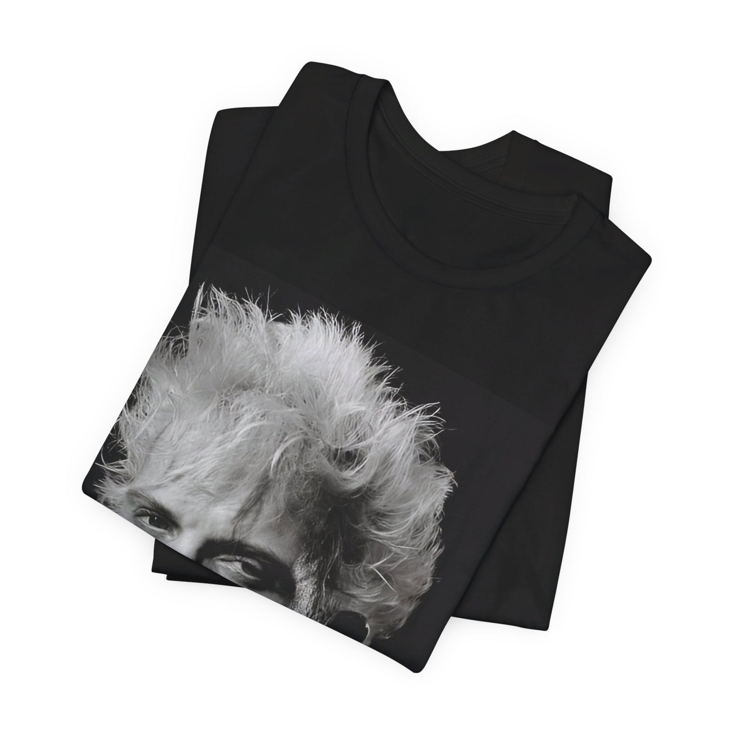 A black graphic t-shirt featuring a bold 80s black and white monochrome graphic of Billy Idol.