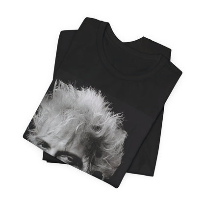 A black graphic t-shirt featuring a bold 80s black and white monochrome graphic of Billy Idol.