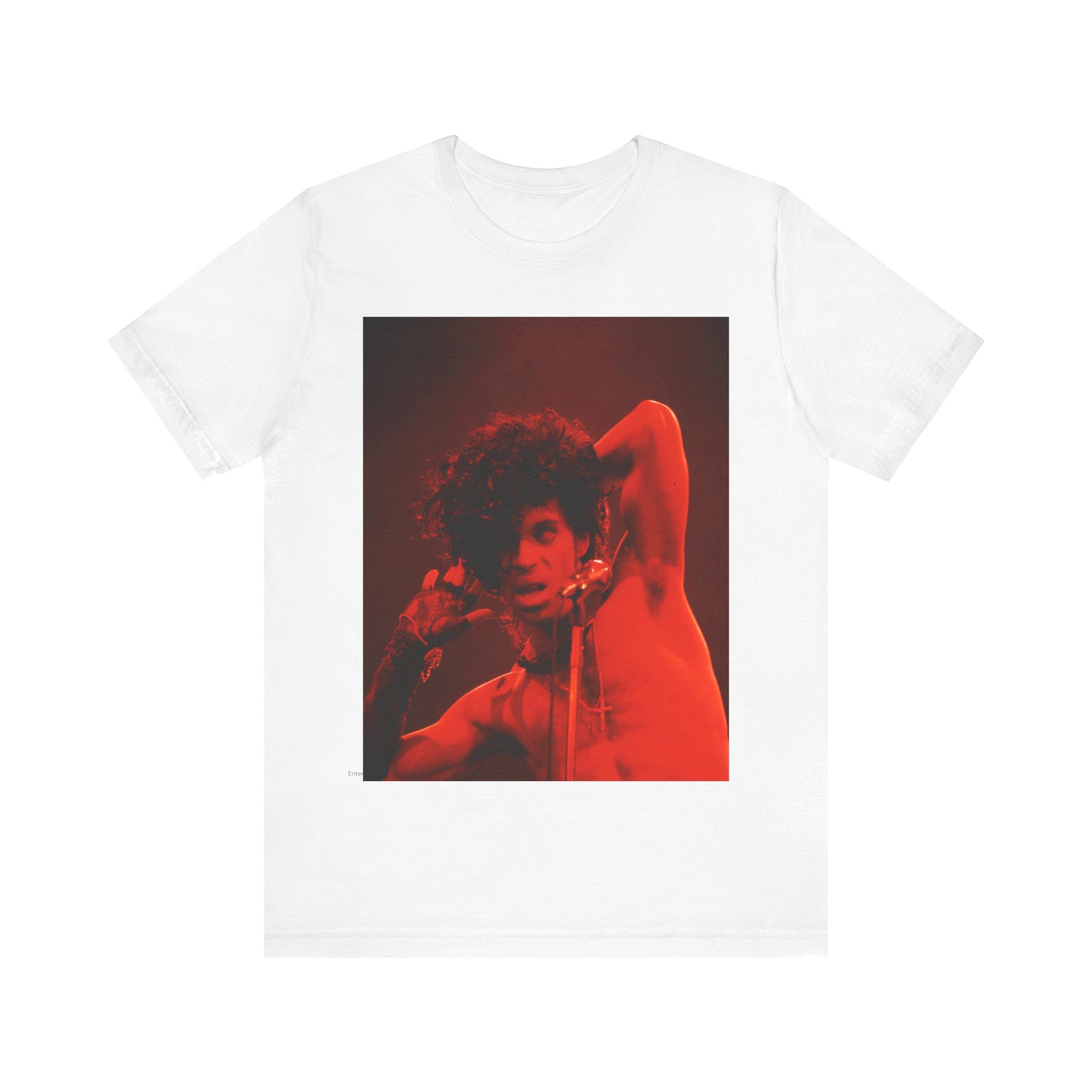 A black graphic t-shirt featuring a concert pop fan graphic of Prince.