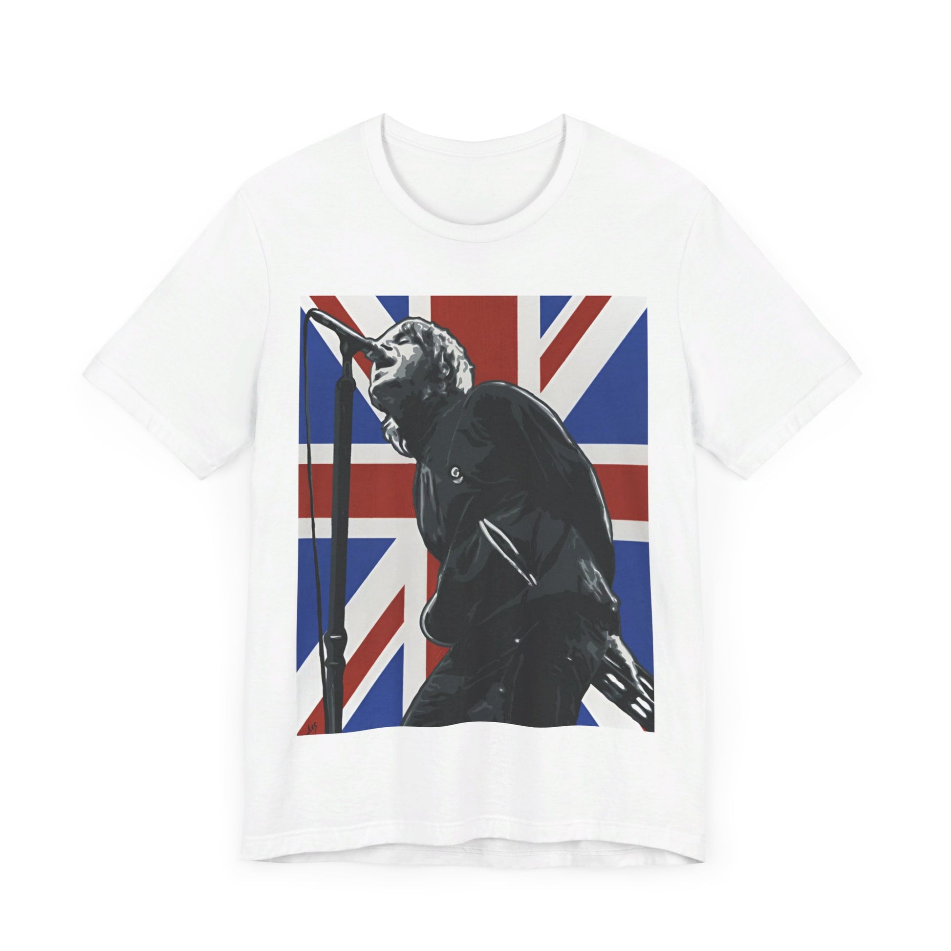 A black graphic t-shirt featuring a graphic of Oasis with timeless Britpop vibes.