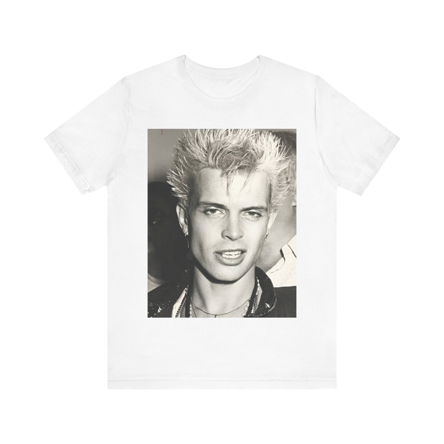 A black graphic t-shirt featuring a vintage black and white monochrome graphic of Billy Idol.