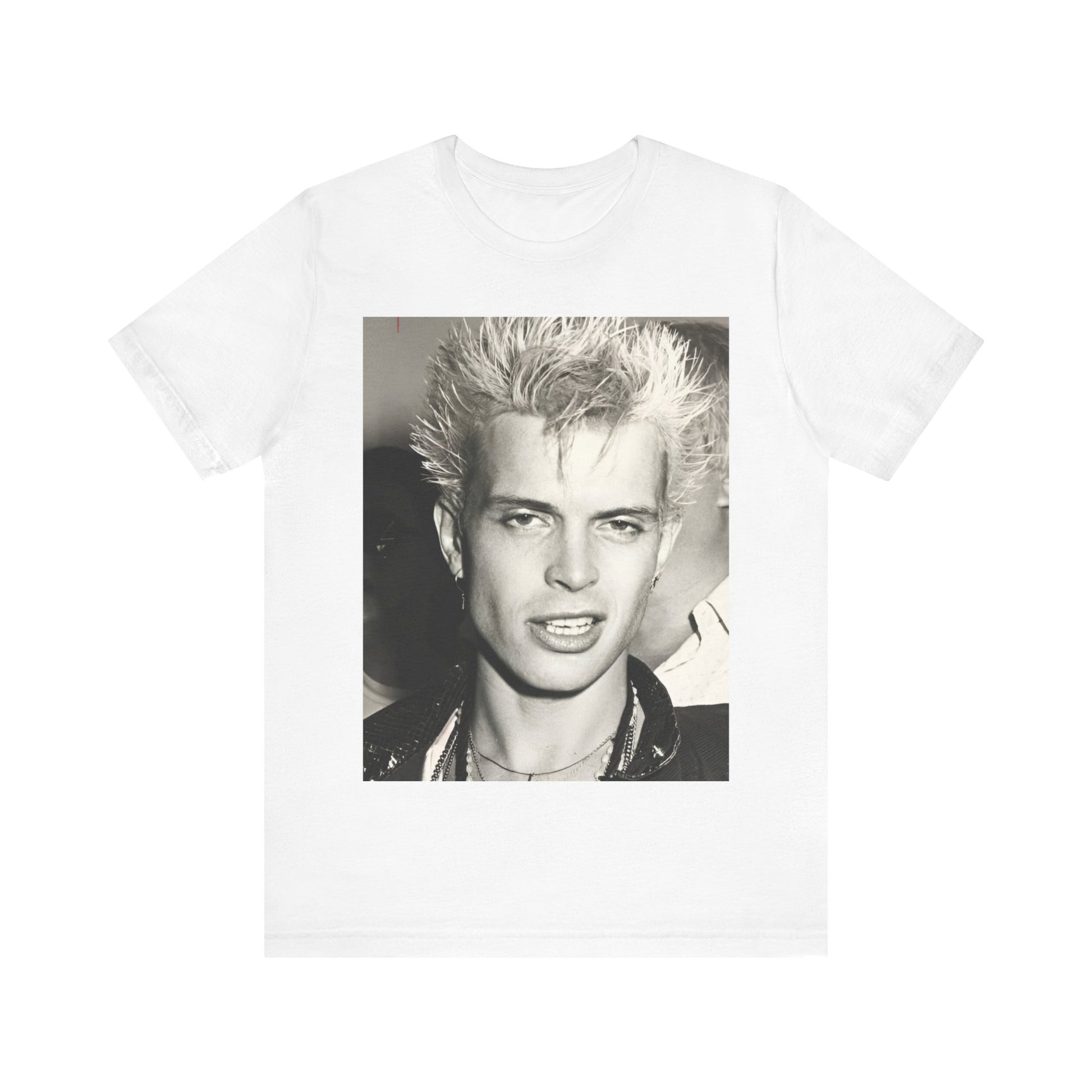 A black graphic t-shirt featuring a vintage black and white monochrome graphic of Billy Idol.