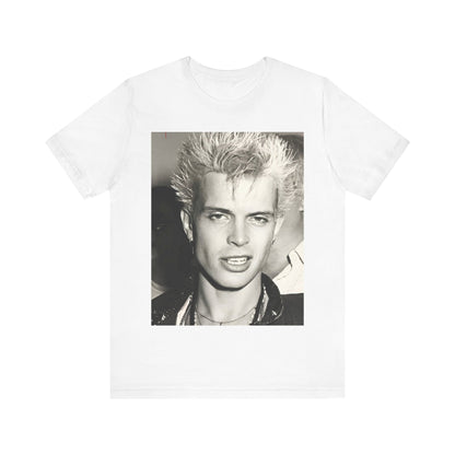 A black graphic t-shirt featuring a vintage black and white monochrome graphic of Billy Idol.