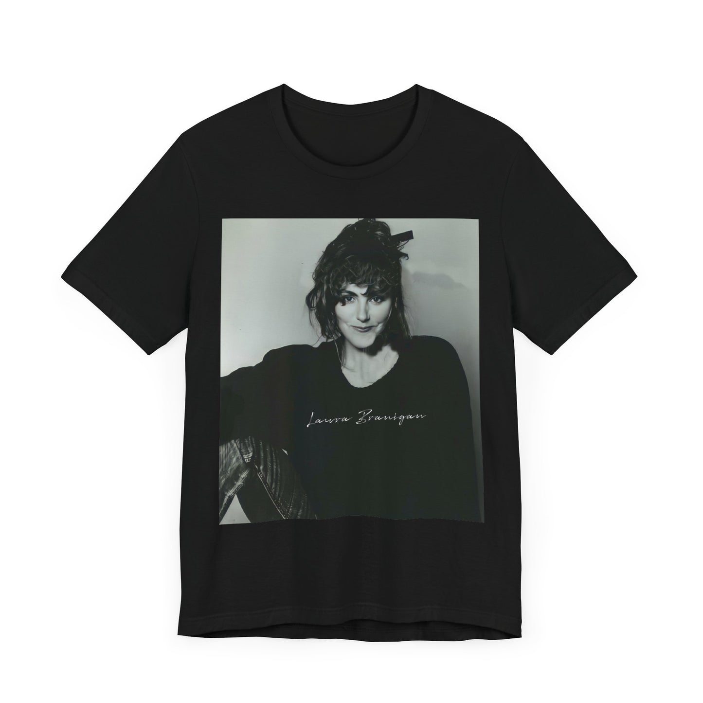 A black graphic t-shirt featuring a casual 80s pop fan graphic of Laura Branigan.