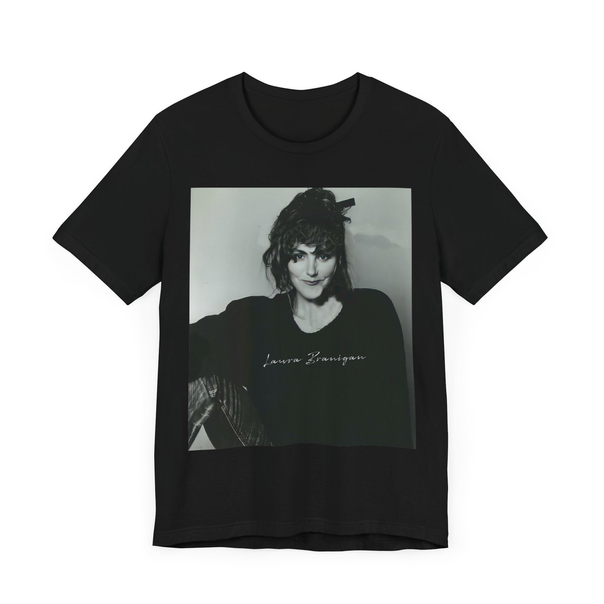 A black graphic t-shirt featuring a casual 80s pop fan graphic of Laura Branigan.