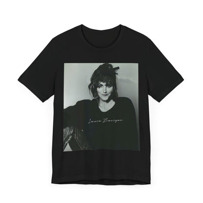 A black graphic t-shirt featuring a casual 80s pop fan graphic of Laura Branigan.