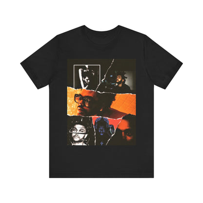 A black graphic t-shirt featuring a retro bootleg graphic of The Weeknd.