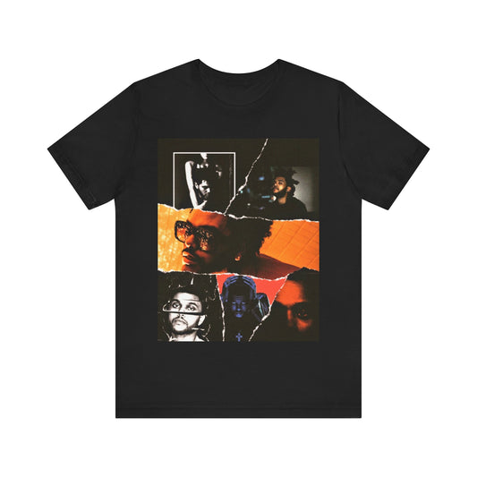 A black graphic t-shirt featuring a retro bootleg graphic of The Weeknd.