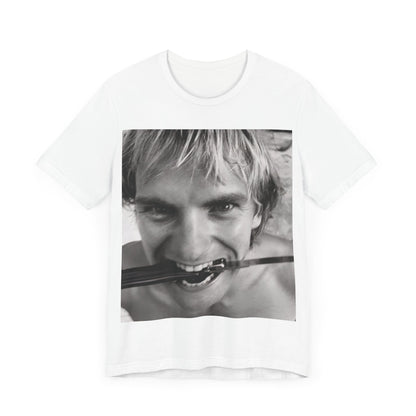 A black graphic t-shirt featuring a wild photo graphic of Sting.