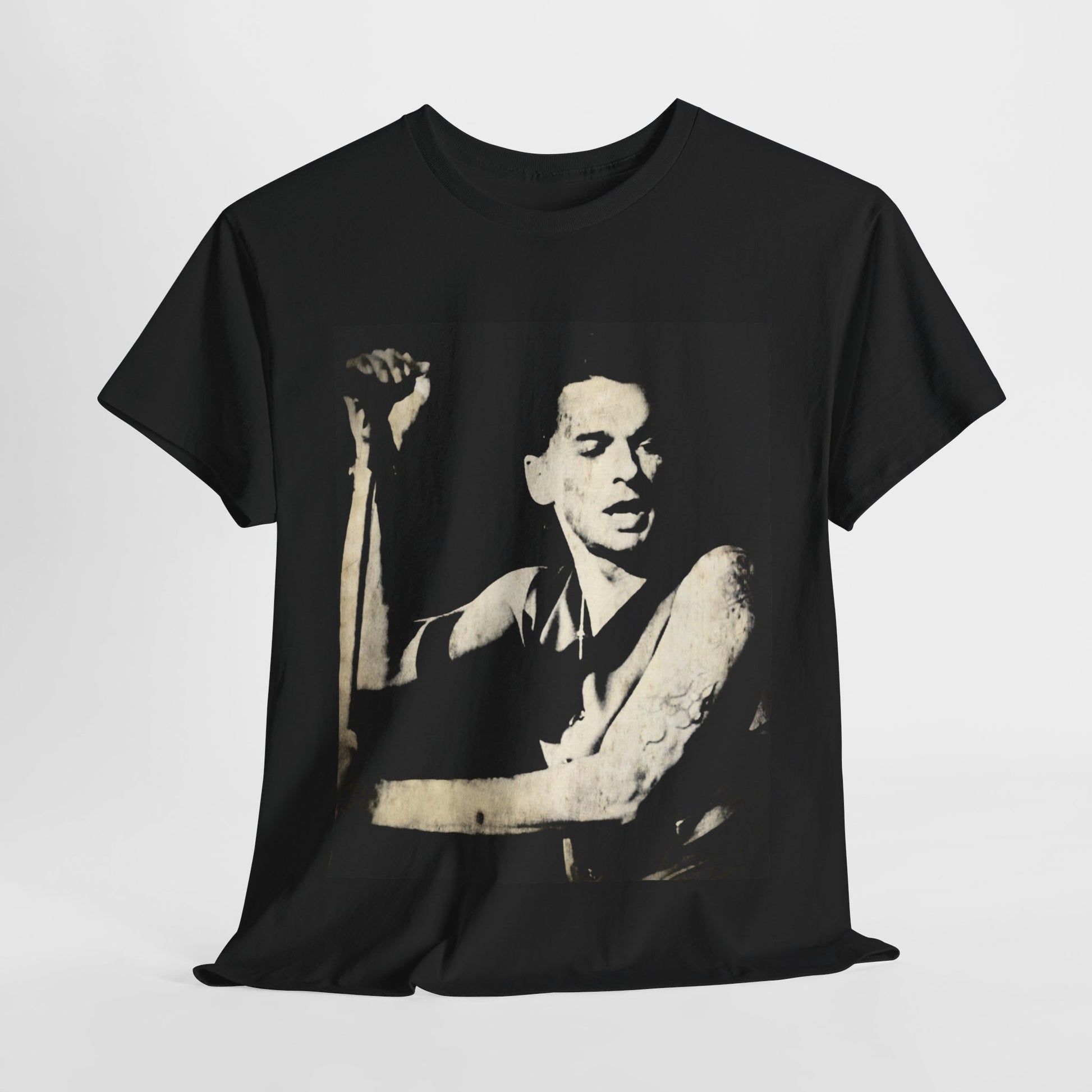 A black graphic t-shirt featuring a black and white graphic or photo of Depeche Mode performing live on stage.