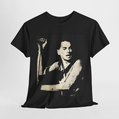 A black graphic t-shirt featuring a black and white graphic or photo of Depeche Mode performing live on stage.