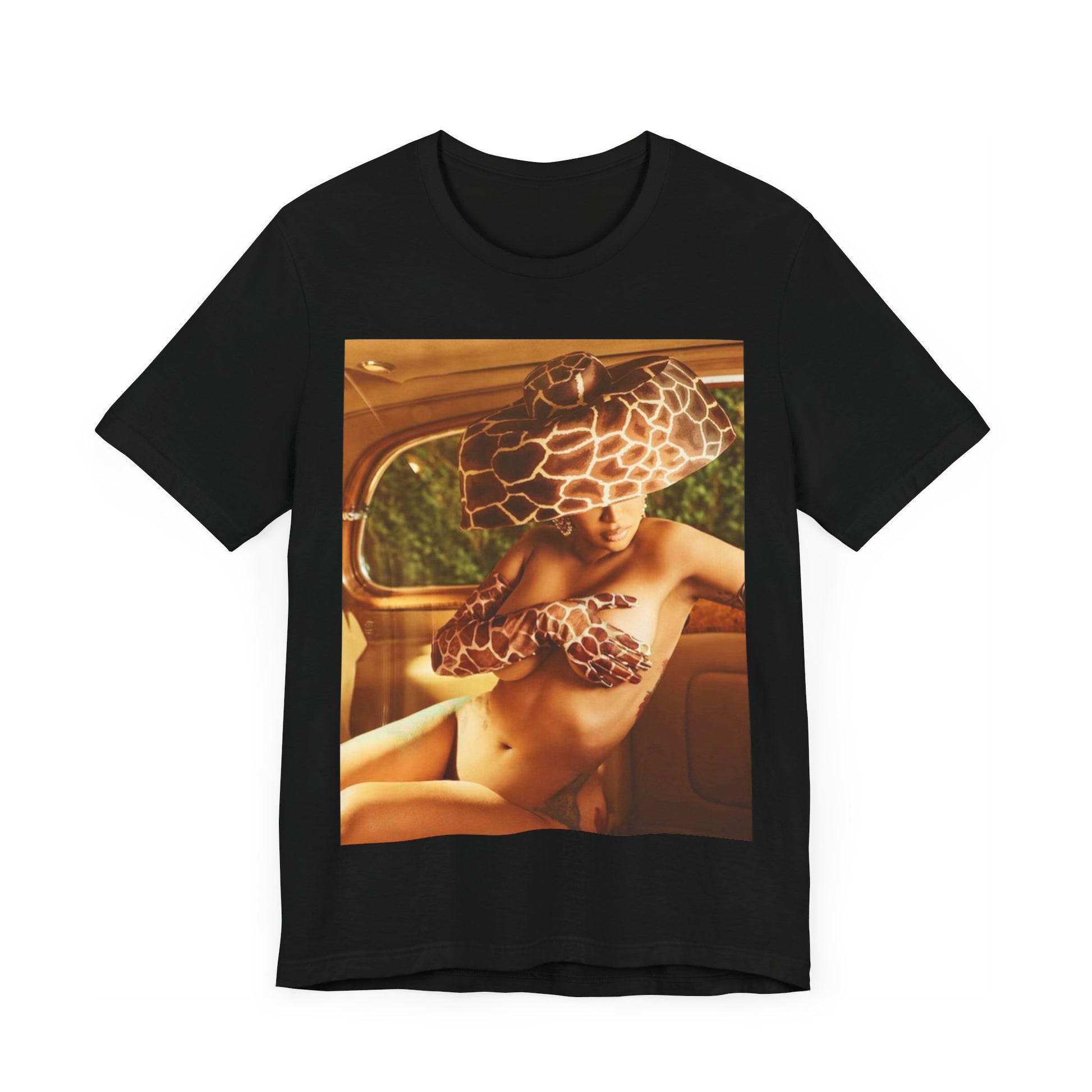 A black graphic t-shirt featuring a graphic of Cardi B as a hip hop culture phenomenon.