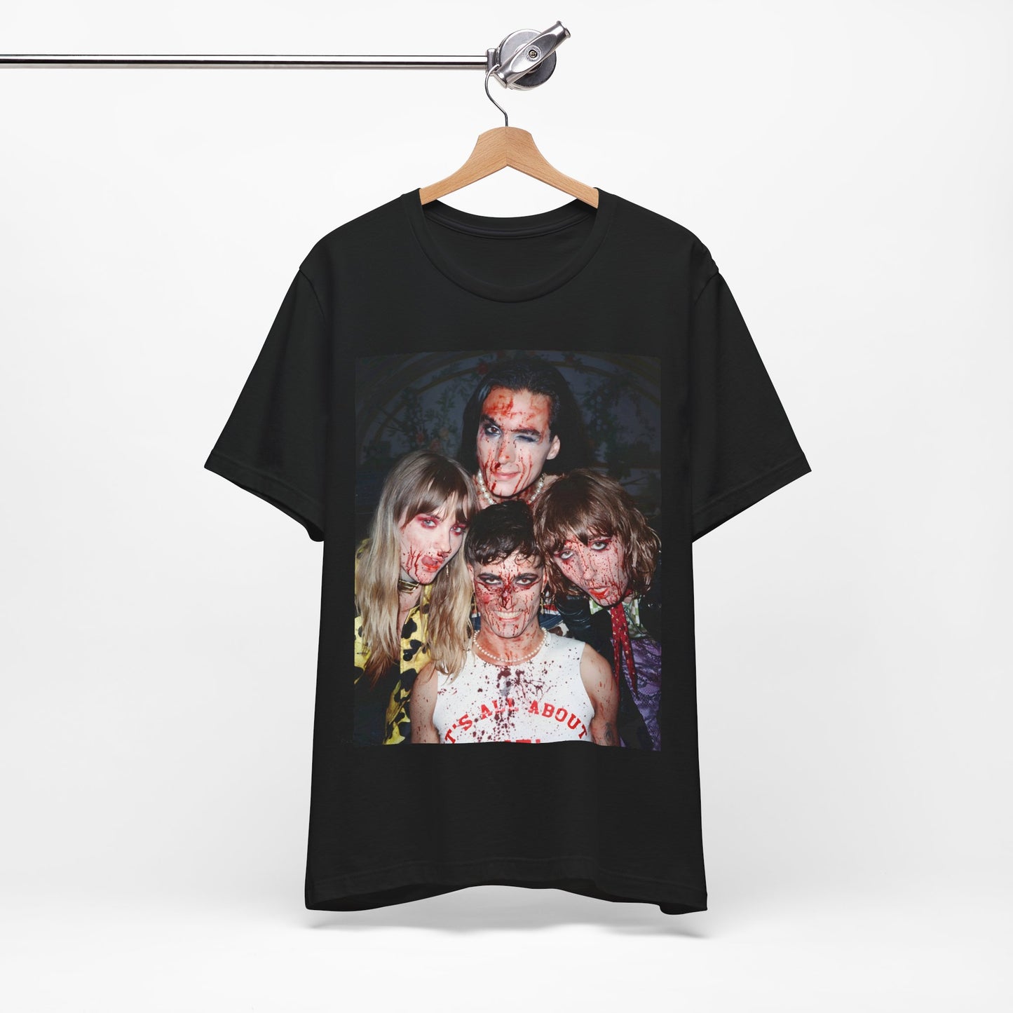 A black graphic t-shirt featuring a graphic of Maneskin celebrating their Eurovision win.