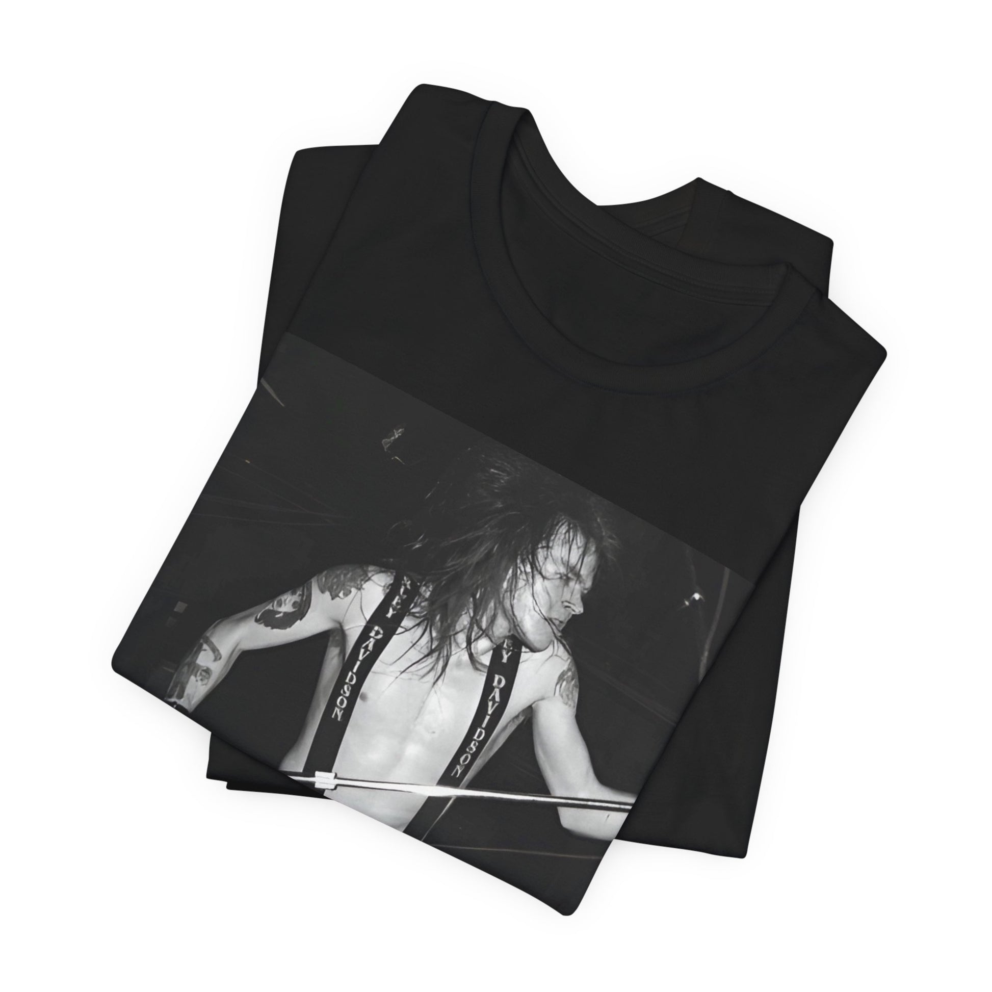 A black graphic t-shirt featuring a graphic of Axl Rose from Guns N' Roses from the 80s as the frontman.