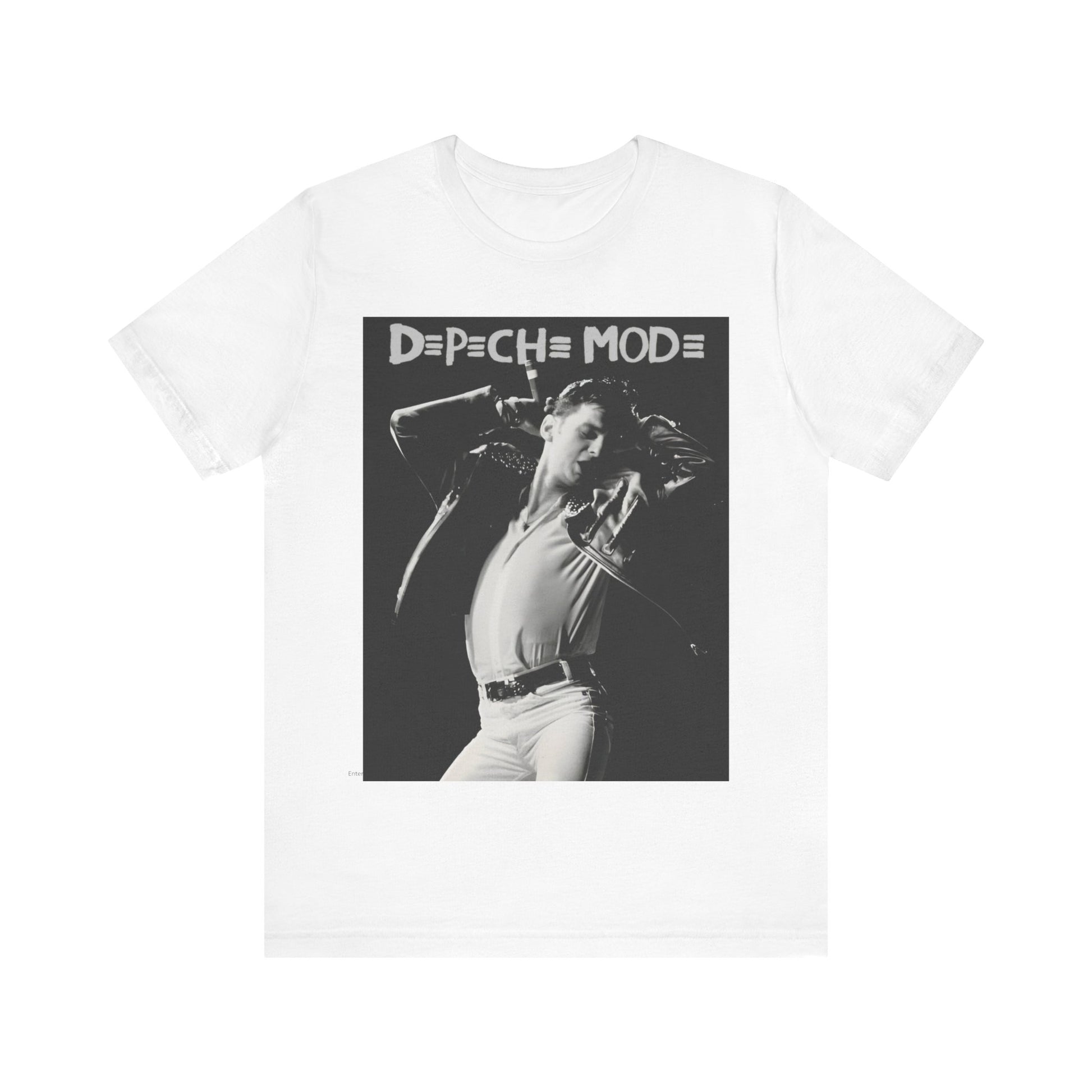 A black graphic t-shirt featuring a black and white graphic or photo of Depeche Mode performing live on stage.