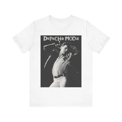 A black graphic t-shirt featuring a black and white graphic or photo of Depeche Mode performing live on stage.