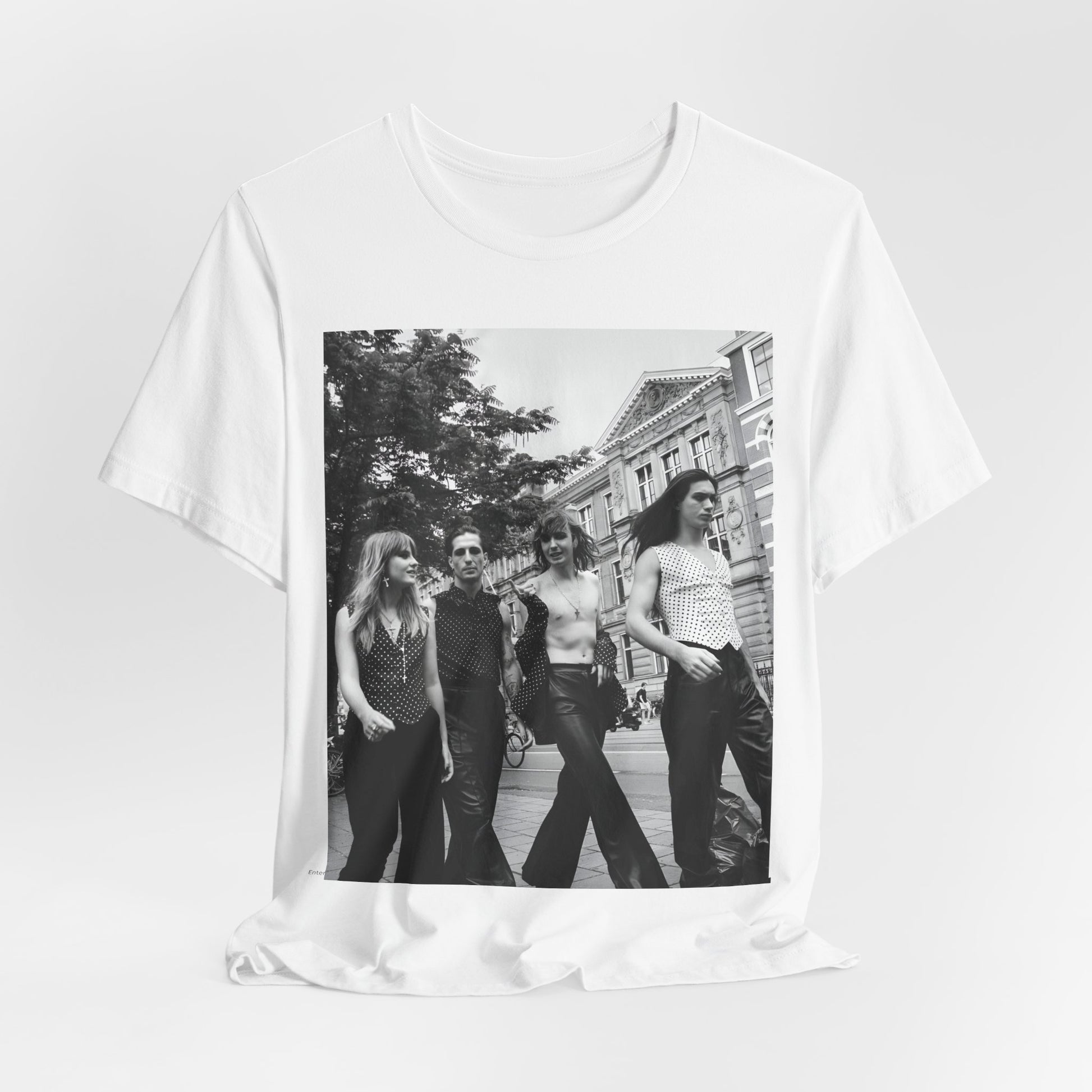 A black graphic t-shirt featuring a retro black and white monochrome graphic or photo of Maneskin.