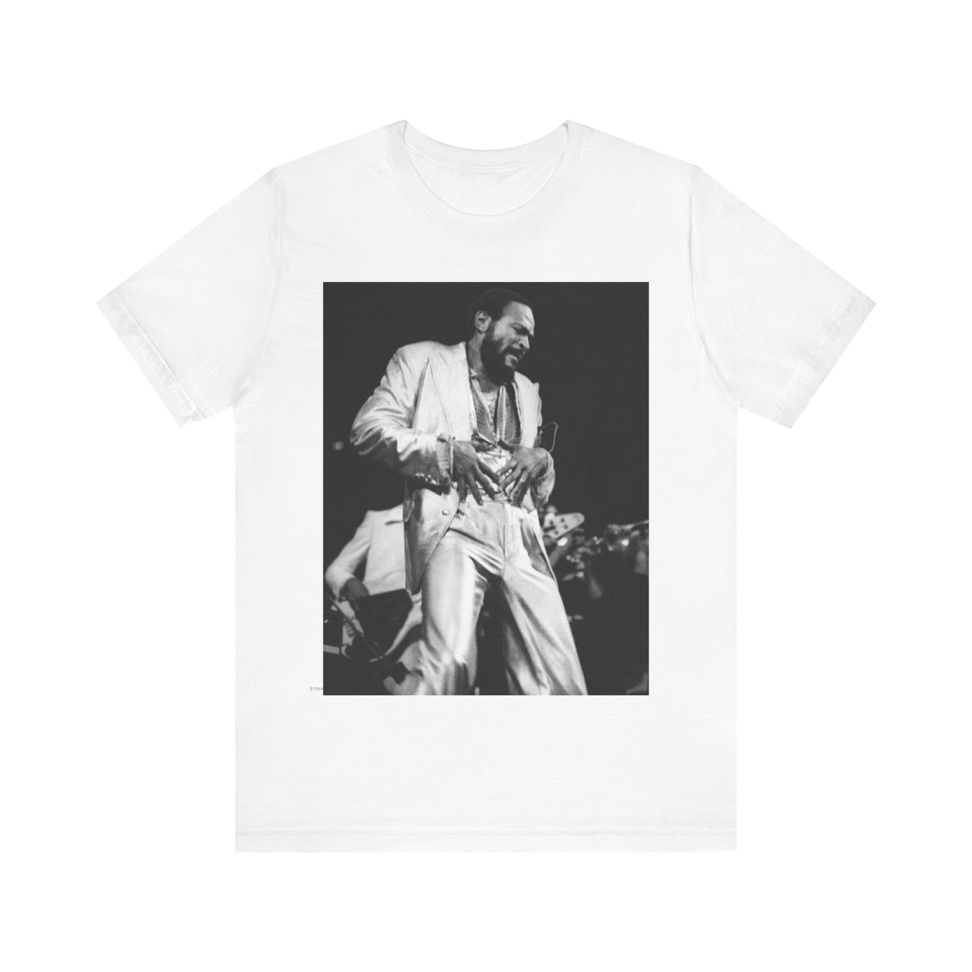 A black graphic t-shirt featuring a 70s Motown concert graphic of Marvin Gaye.