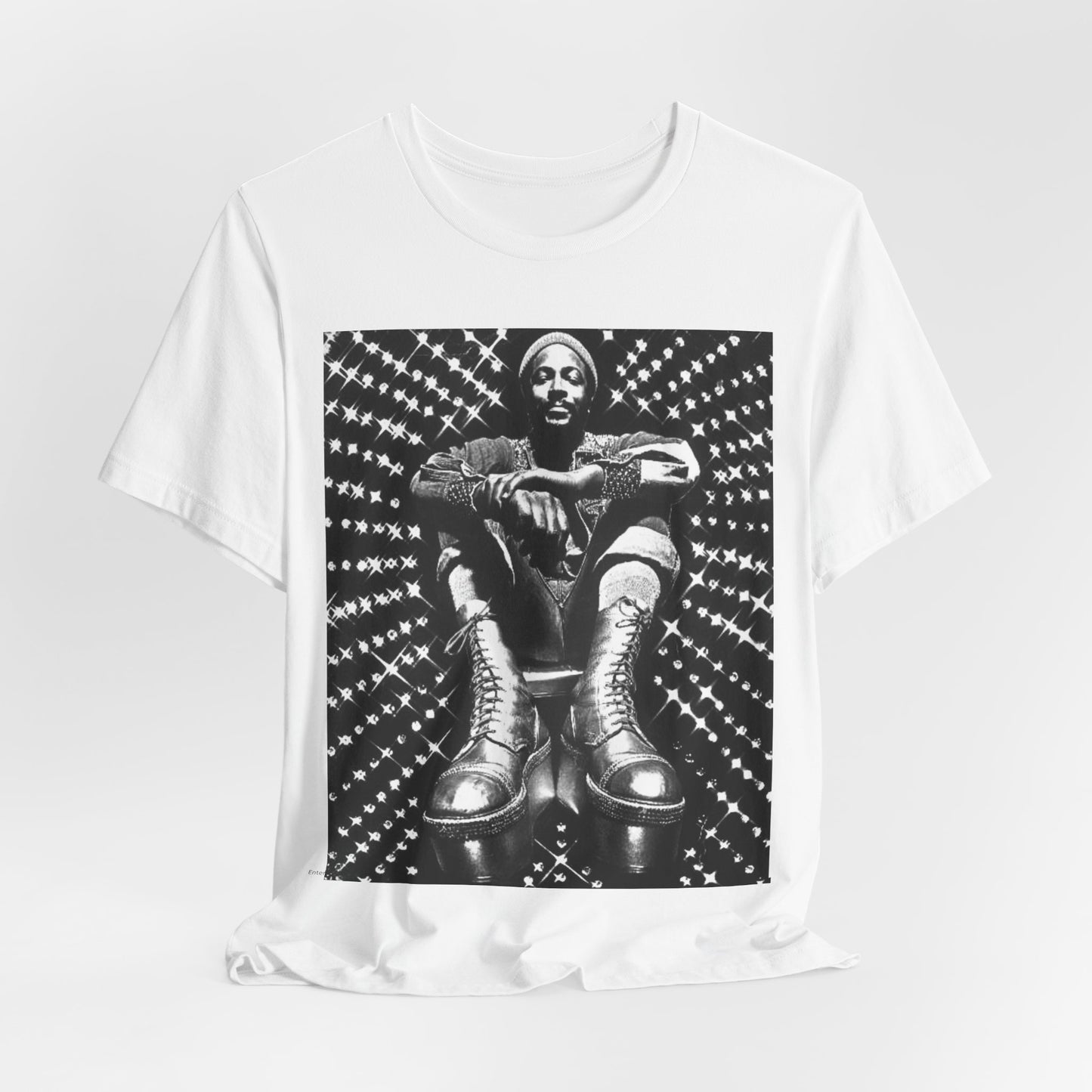 A black graphic t-shirt featuring a black and white vintage soul icon graphic of Marvin Gaye.