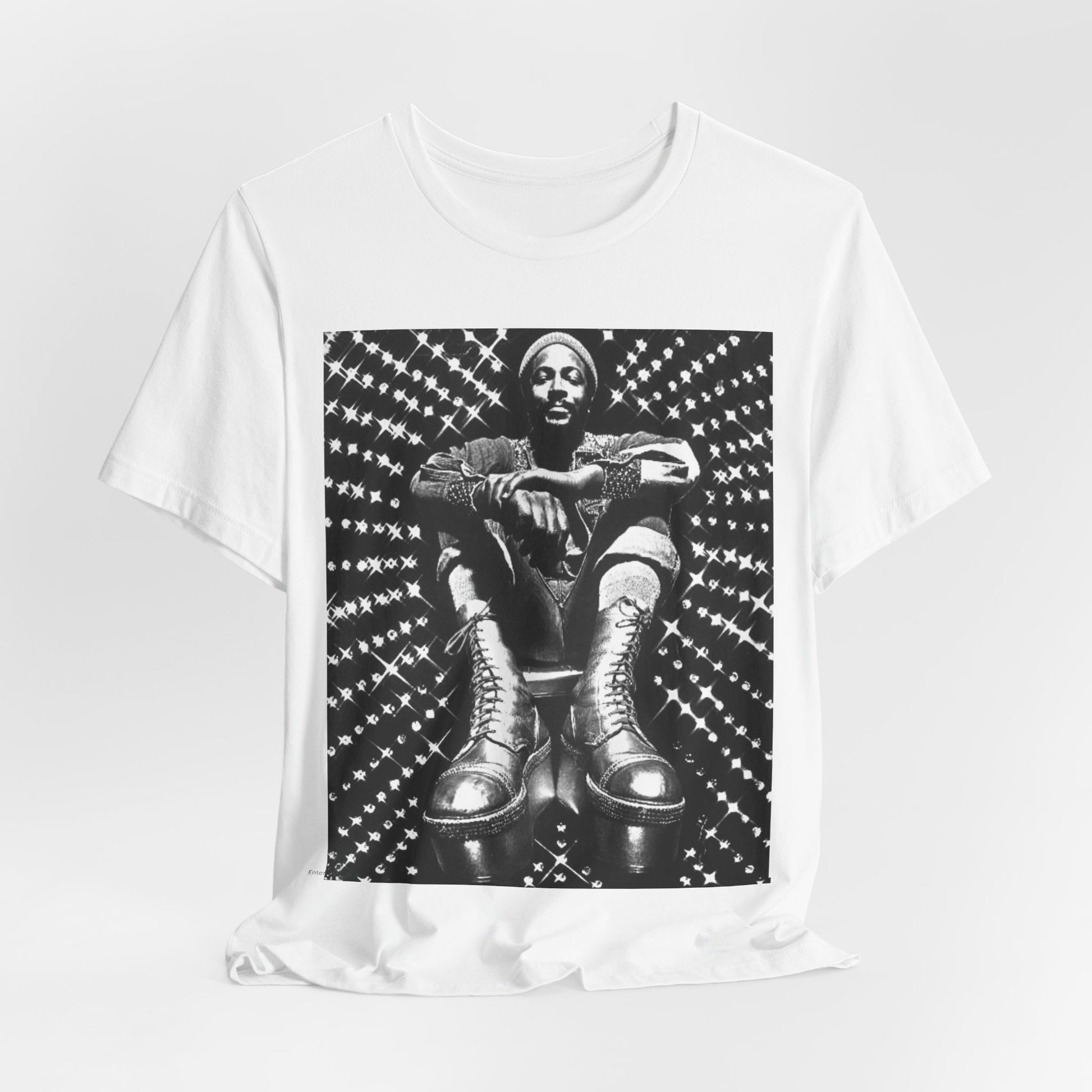 A black graphic t-shirt featuring a black and white vintage soul icon graphic of Marvin Gaye.