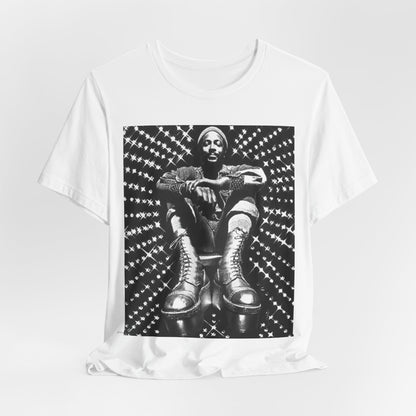 A black graphic t-shirt featuring a black and white vintage soul icon graphic of Marvin Gaye.