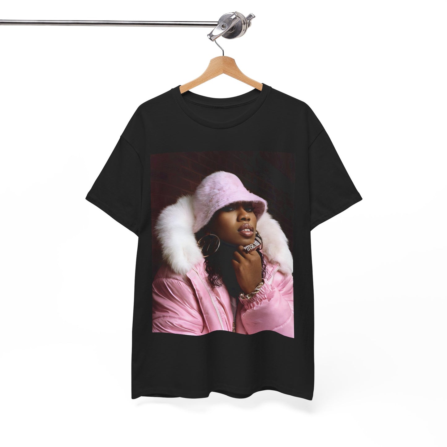 A black graphic t-shirt featuring a graphic of Missy Elliott as an underground hip hop queen.