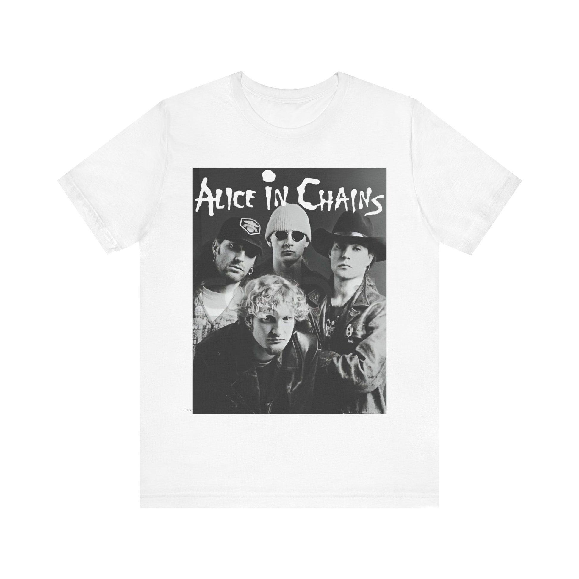 A black graphic t-shirt featuring a black and white photographic portrait of the band Alice In Chains, capturing their iconic grunge look.