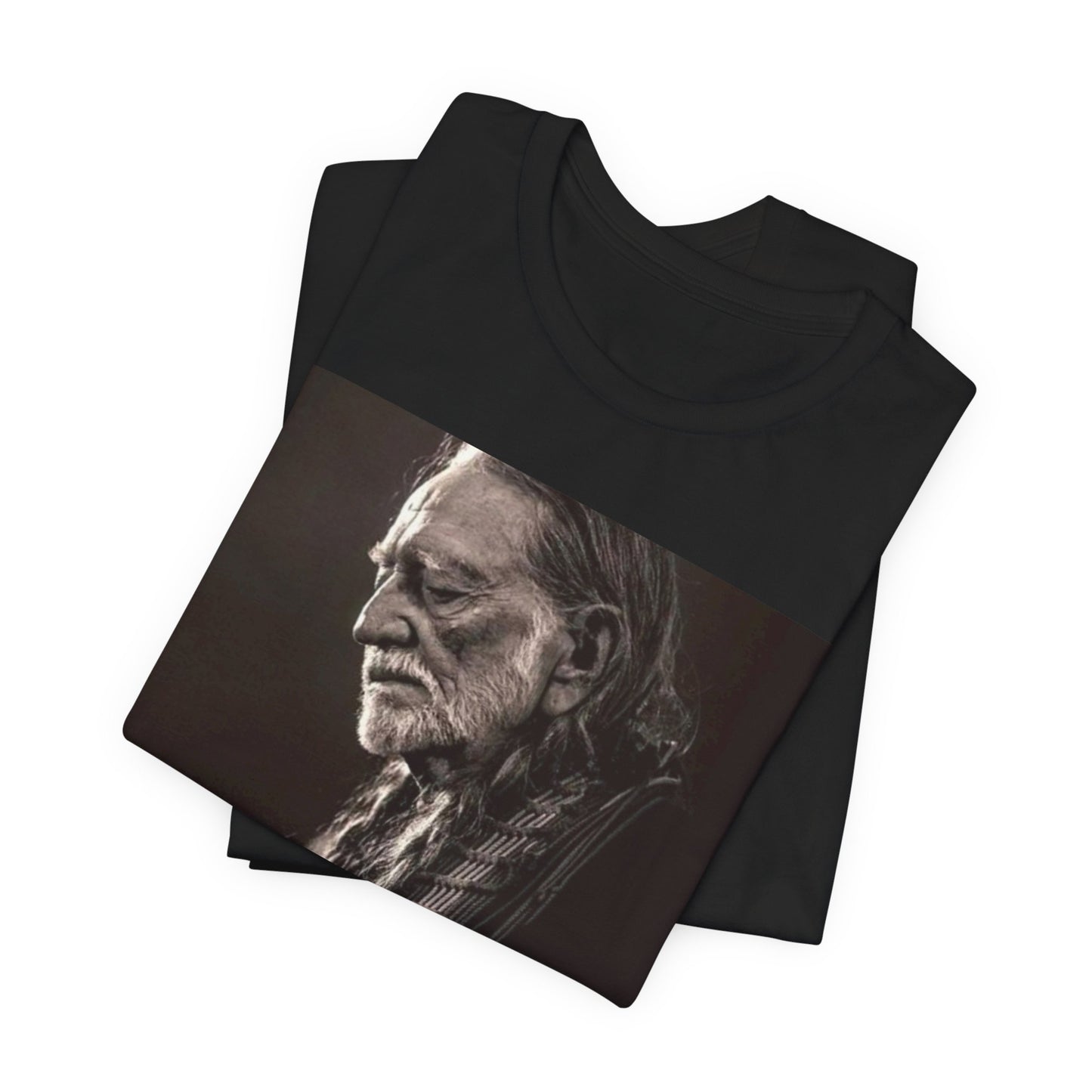 A black graphic t-shirt featuring a vintage country legend graphic of Willie Nelson.