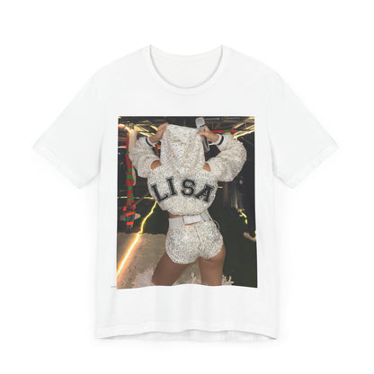 A black graphic t-shirt featuring a graphic or photo of Lisa in a backstage setting.