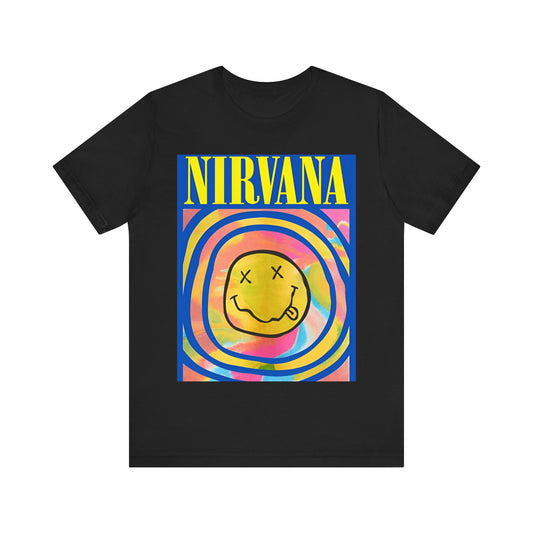 A black graphic t-shirt featuring the classic Nirvana logo.