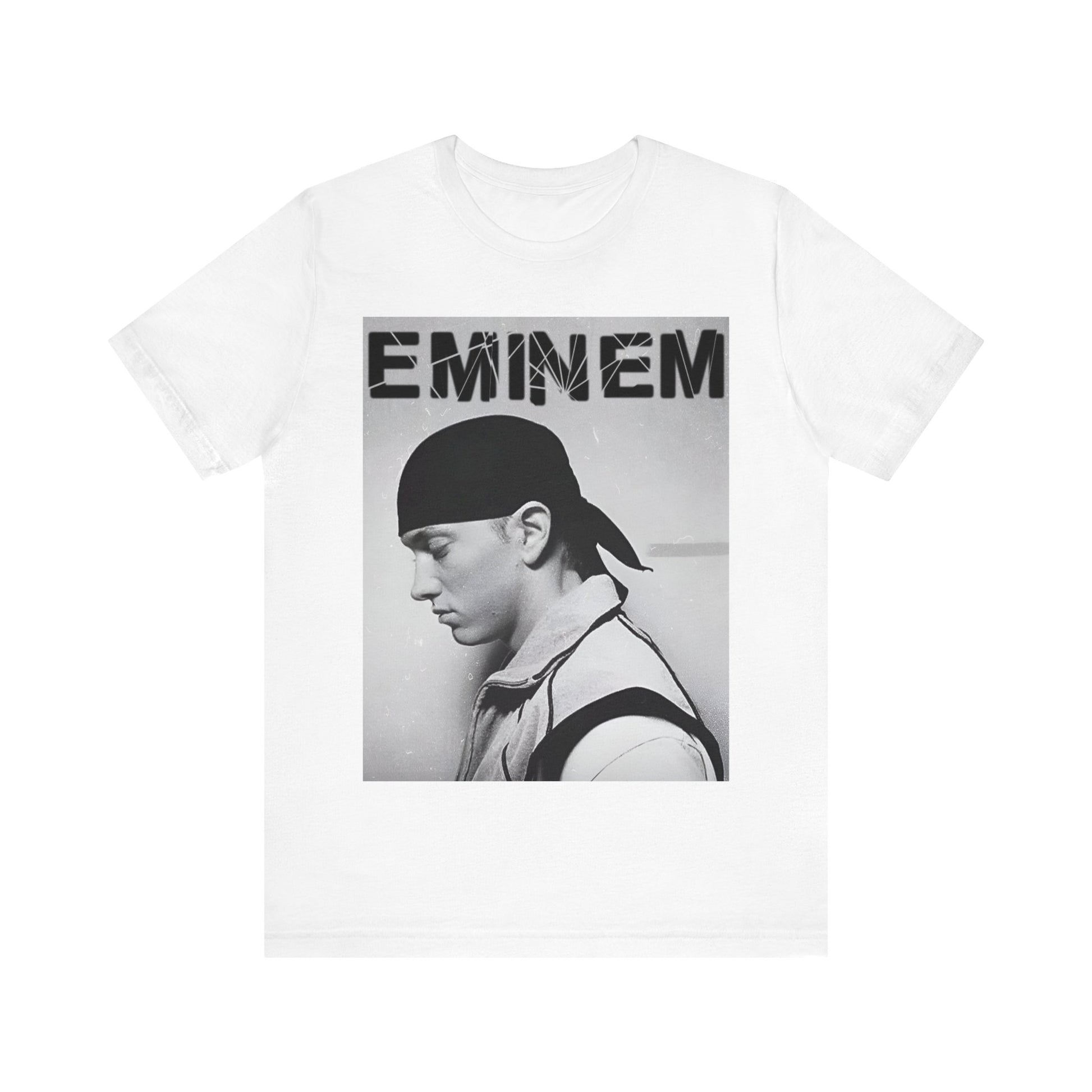 A black graphic t-shirt featuring a stylized graphic of Eminem as a modern rap legend.