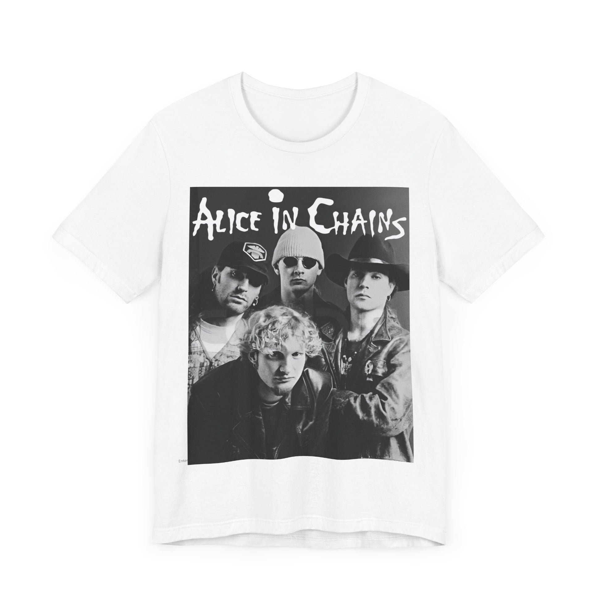 A black graphic t-shirt featuring a black and white photographic portrait of the band Alice In Chains, capturing their iconic grunge look.
