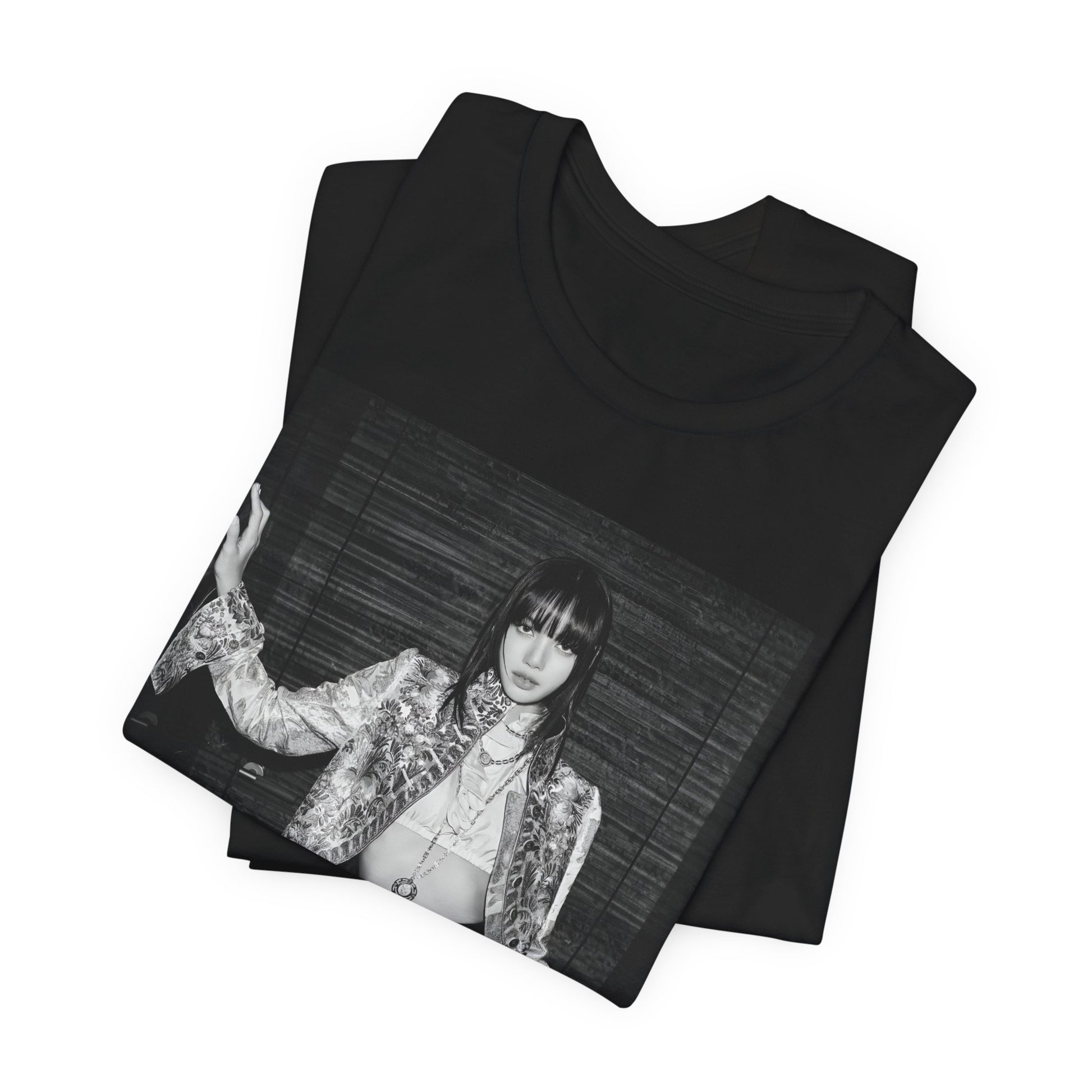 A black graphic t-shirt featuring a black and white, monochrome graphic or photo of Lisa.