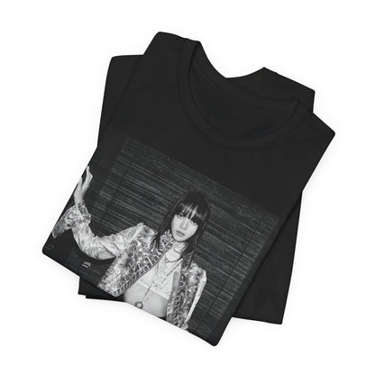 A black graphic t-shirt featuring a black and white, monochrome graphic or photo of Lisa.