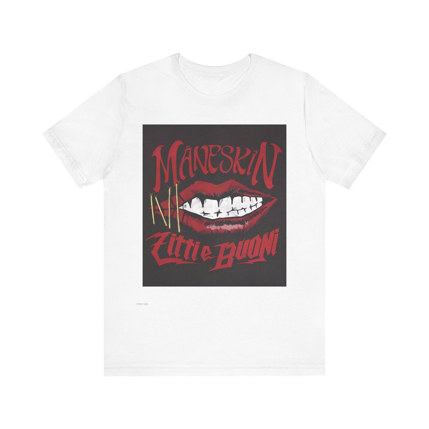 A black graphic t-shirt featuring a graphic related to Maneskin's song "Zitti E Buoni."