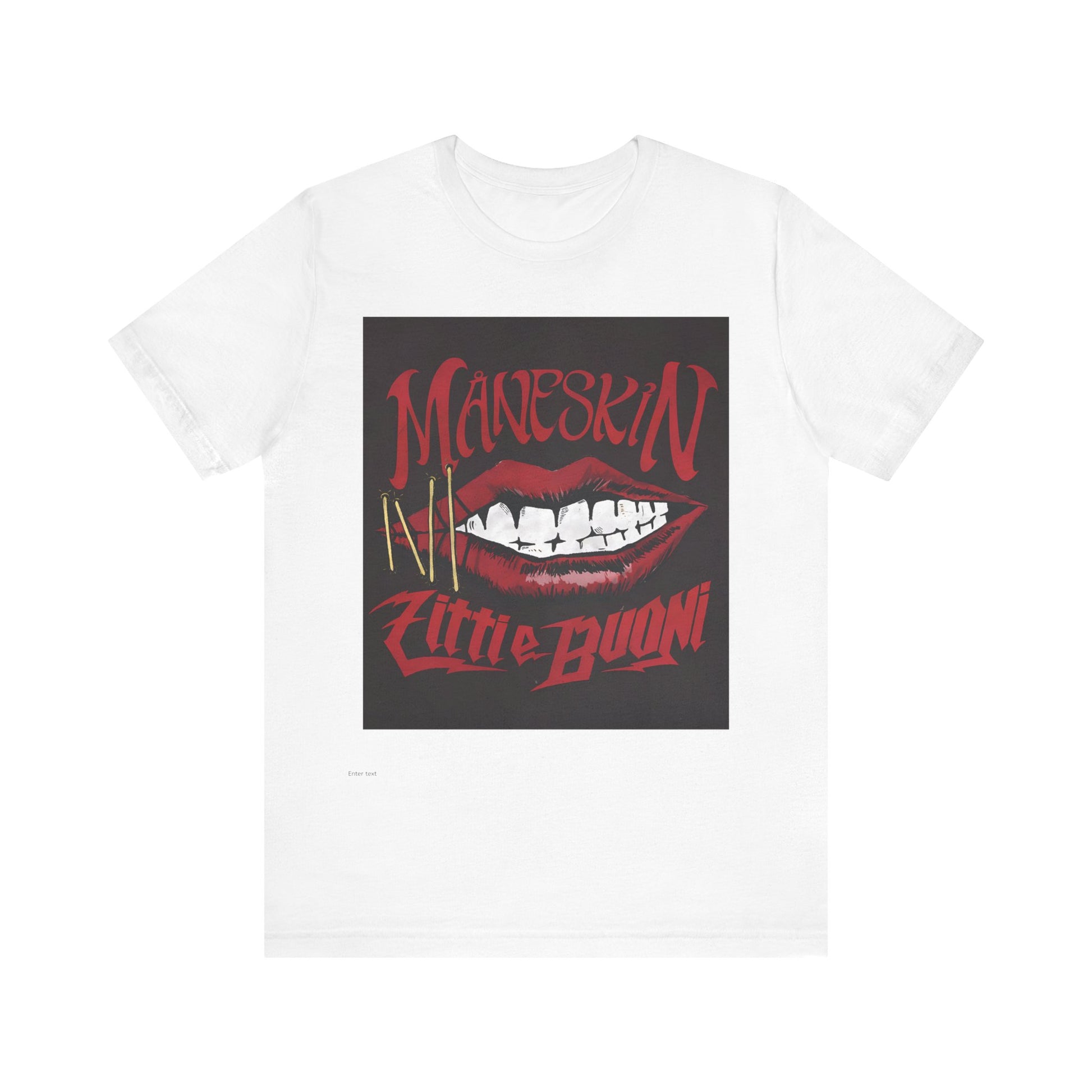 A black graphic t-shirt featuring a graphic related to Maneskin's song "Zitti E Buoni."