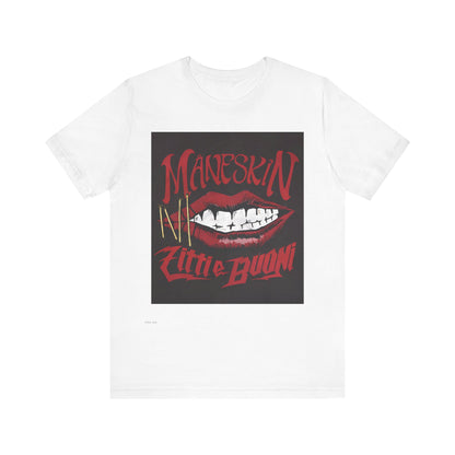 A black graphic t-shirt featuring a graphic related to Maneskin's song "Zitti E Buoni."