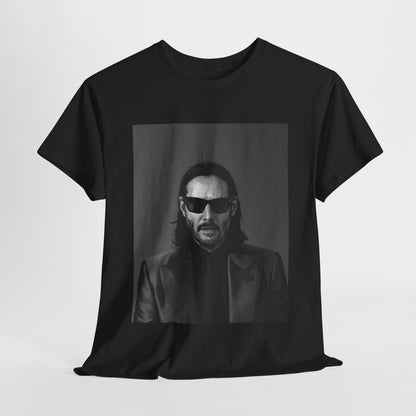A black graphic t-shirt featuring an aesthetic graphic of Keanu Reeves as an action hero.