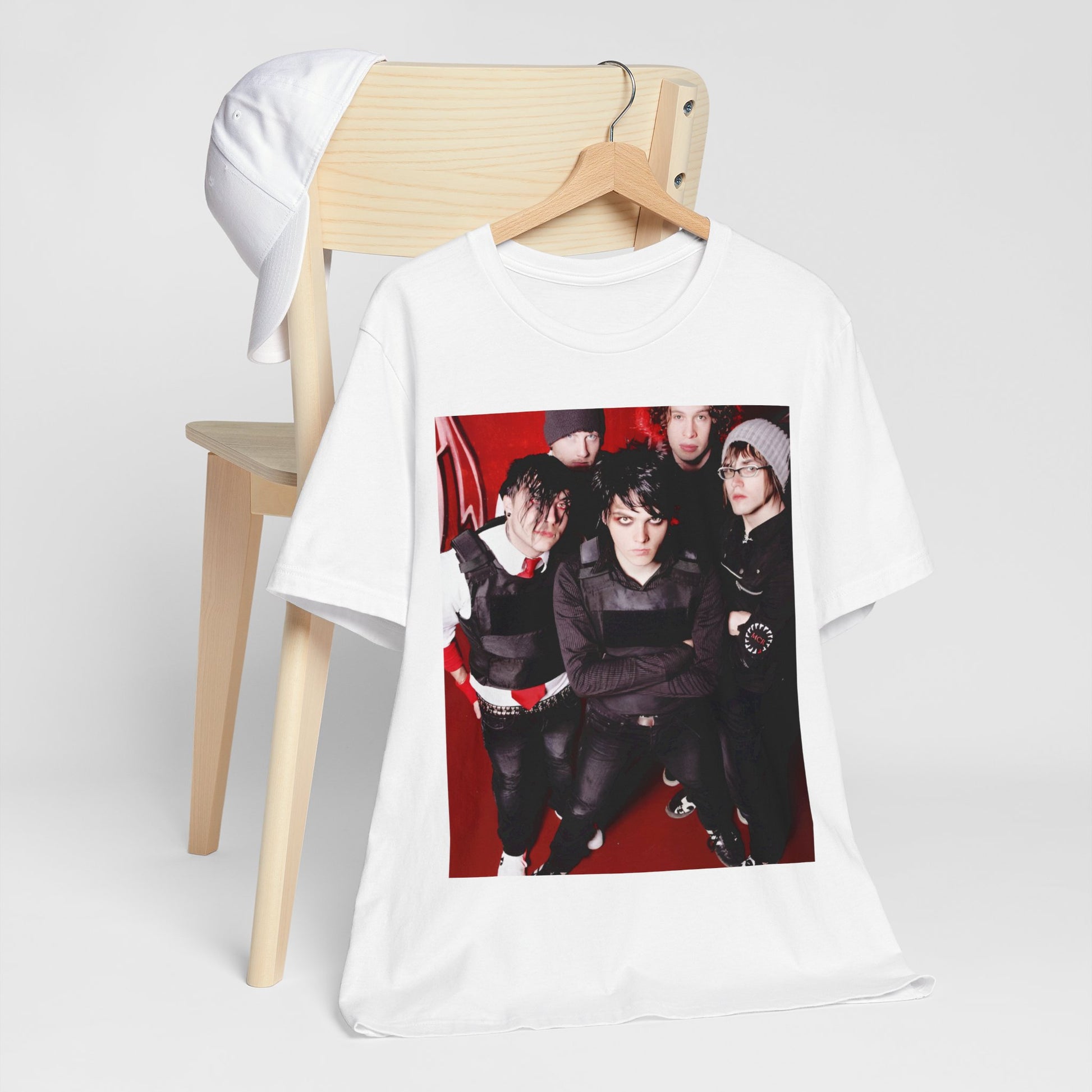 A black graphic t-shirt featuring a boxy graphic related to My Chemical Romance's 'Black Parade' album era.