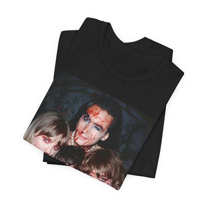 A black graphic t-shirt featuring a graphic of Maneskin celebrating their Eurovision win.