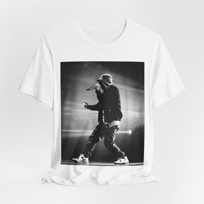A black graphic t-shirt featuring a boxy hip hop aesthetic graphic of Eminem.